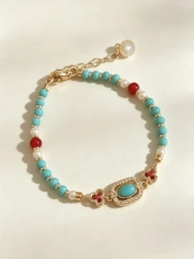 1pc Elegant Metal Beaded Bracelet With Pearl And Floral Pendant, Turquoise Accents, Versatile Daily Jewelry Gift For Women - Beaded Bracelet - View 7