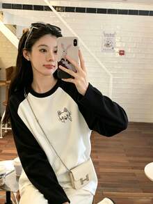 Women's Fashion Autumn Cotton Loose Fit Versatile Cartoon Print Long Sleeve T-Shirt Top - Black and White - View 5
