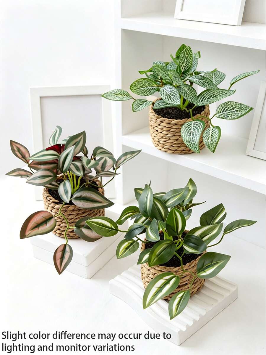 1/3pcs Artificial Rattan Small Potted Plants, Hanging Bamboo Planter, Nettle Grass, Seaweed Rope, Green, PE & Polyester Material, Desktop Decor, Suitable For School Dorm, Office, Party, Holiday, Home Entrance, Hotel, Bedroom, Kitchen, Garden Decoration - Multicolor-a - View 1