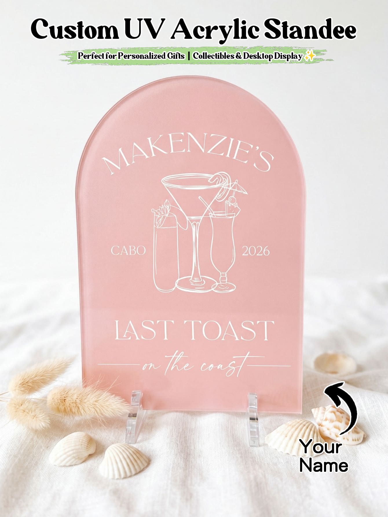客製化拱形壓克力UV印刷桌牌,Last Toast On The Coast 主題,海灘單身派對新娘婚前派對桌飾,可客製姓名、地點、年份,海濱婚禮派對紀念禮物 - 多色1 - 查看 1