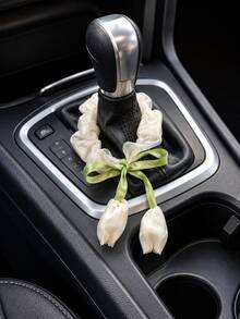 1pc Pink & White Tulip Car Gear Shift Decor, Women's Car Interior Decoration Accessory - A - View 5