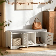 Shoe Bench Shoes Storage Cabinet With Slatted Doors And Padded Cushion For Hallway & Foyer - Grey (3-door) - View 5