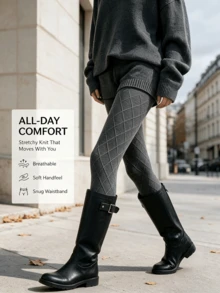Women's Autumn/Winter Diamond Pattern Knitted Tights, Soft Breathable High Elasticity Knitted Stockings, Fitted Elastic Waist Geometric Pattern Hosiery, Comfortable Textured Tights, Suitable For Daily Commute, Casual Wear In Cold Weather - Multicolor - View 5