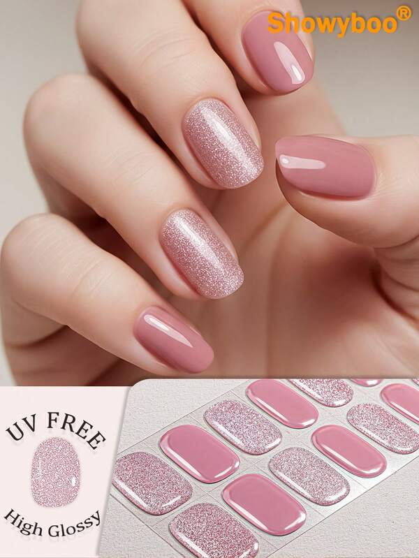 Showyboo Full Cure Gel Nail Stickers 16pcs, Fresh Soft Pink Glitter Cat Eye Design Full Coverage Nail Stickers, Protects Natural Nails, Suitable For Women And Girls' Daily, Date, Party And Weekend Outings Nail Care