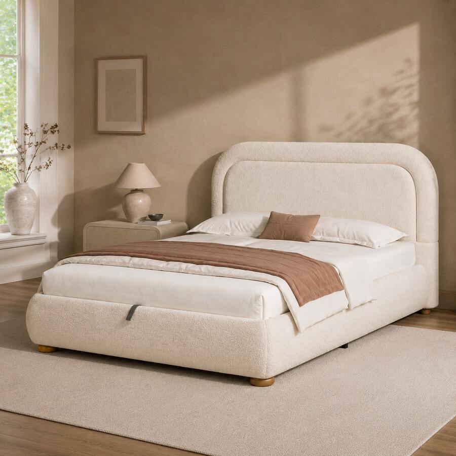 Bed Frame Made Of Boucle Beige 207 X 157 X 97 Cm For Bedroom - 米色 - 查看 1