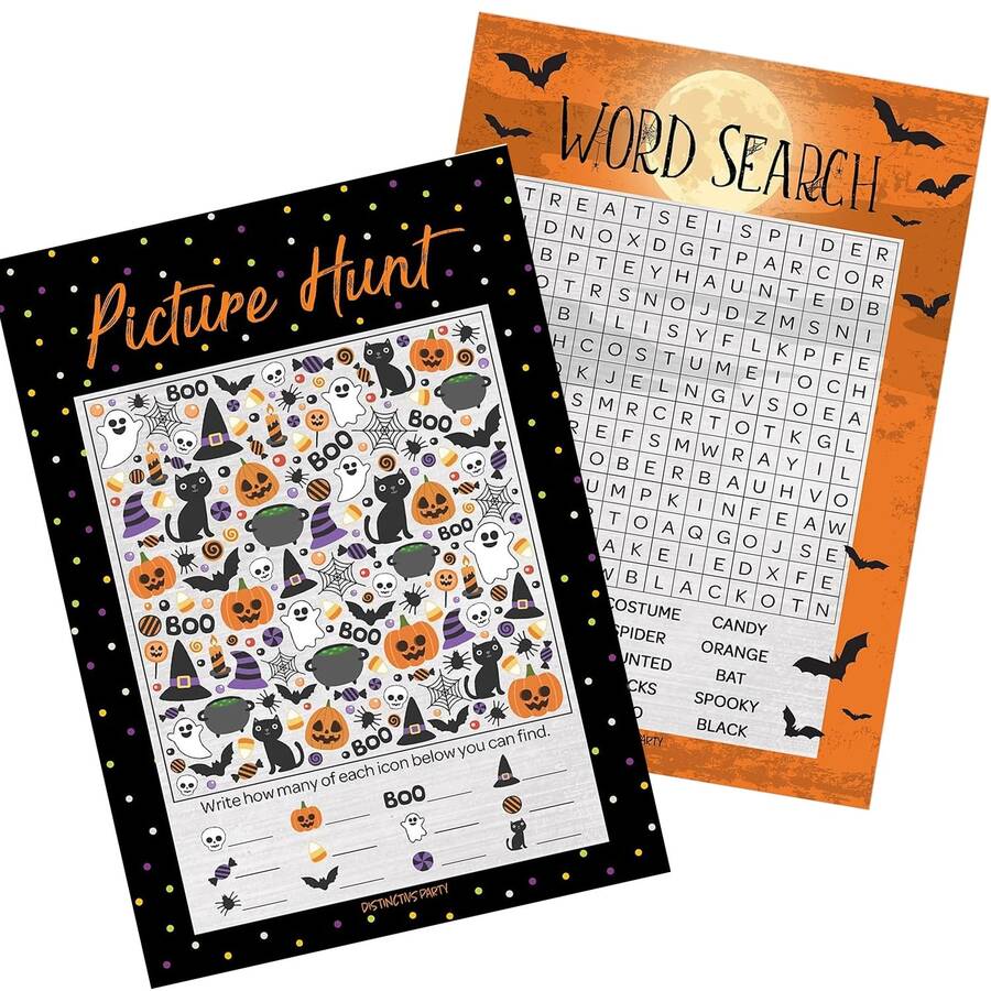 30Pcs Halloween Games Pack, Word Search And Picture Match | Dual-Sided Cards, 5" X 7", Answer Keys Included, Fall Party Theme Activity