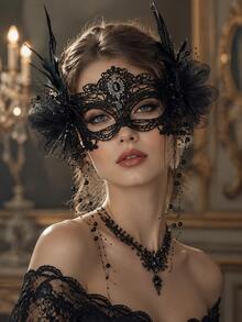 Women's Gothic Black Lace Masquerade Mask, Feather Flower Beaded Tassel Spider Web Rhinestone Mask, Halloween Cosplay Party Costume Accessory - Multicolor - View 1