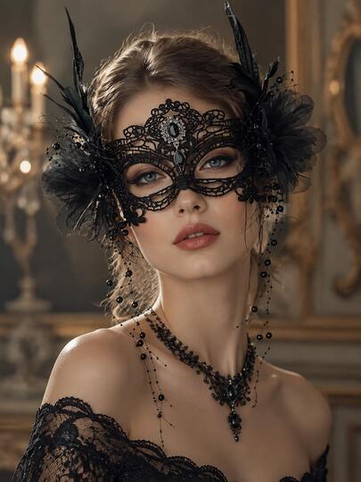 Women's Gothic Black Lace Masquerade Mask, Feather Flower Beaded Tassel Spider Web Rhinestone Mask, Halloween Cosplay Party Costume Accessory