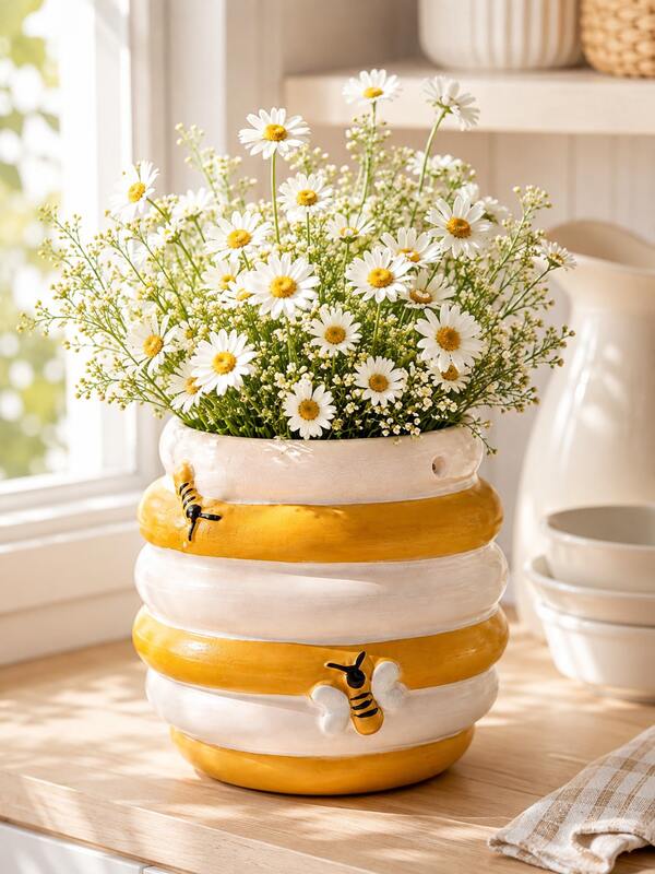 1pc Resin Beehive Flower Pot, Cute Bee Planter Vase, Farmhouse Tabletop Decor For Kitchen, Windowsill, Living Room, Porch, Garden, Daisy Arrangement, Spring Housewarming Gift Lovers,Planters,Flower Pot,Plant Pots ,Spring Decor,Home Decor,Vase,Garde