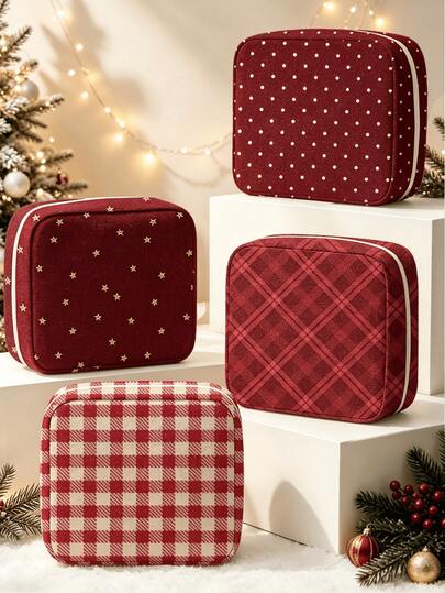 New Autumn/Winter Christmas Polka Dot Stripe Plaid Pattern Printed Portable Storage Bag, Sanitary Pad Storage Bag, First Aid Kit, Makeup Bag, Coin Purse, Suitable For Daily Use/Outdoor/Travel, Convenient Medicine Storage, Can Organize Medicine, Cosmetics, Phone And Other Small Items, Travel Essential, Christmas Gift, Personalized Gift Bag, Small Gift Exchange, Room Decoration (Print Cut Position And Fabric Texture Direction Are Random)
