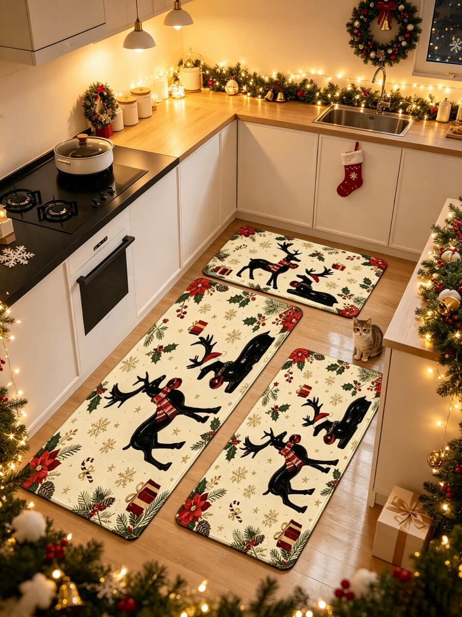 1pc Christmas Reindeer Kitchen Rug, Thickened Rug, Thick Rug, Plush Rug, Autumn/Winter Rug, Kitchen Rug, Kitchen Mat, Kitchen Carpet, Door Mat, Small Rug, Rug, Runner Rug, Floor Mat, Home Decor, Area Rug, Outdoor Mat, Home Decor, Area Rug, Bedroom Rug, Washable Rug - Multicolor - View 1