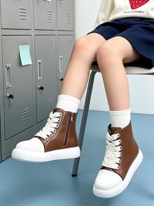 1 Pair Children's Minimalist Patchwork Round Toe High-Top Leather Boots With Unique Thick Shoelace Design, Suitable For Weekend Outings, Light Outdoor Styling, School And Commuting - Brown - View 2