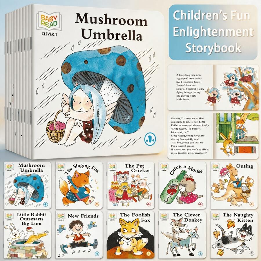 Set 10 Buku Cerita Bergambar Hewan untuk Anak-Anak, Buku Cerita Pengantar Tidur Bahasa Inggris, Buku Bacaan Edukasi Dini Ukuran Saku dengan Sudut Membulat