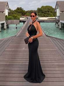 Elegant Sexy Backless Halter Neck Dress, Suitable For Party, Beach, Anniversary, Formal Dinner, Wedding Guest Black Fall - Black - View 3