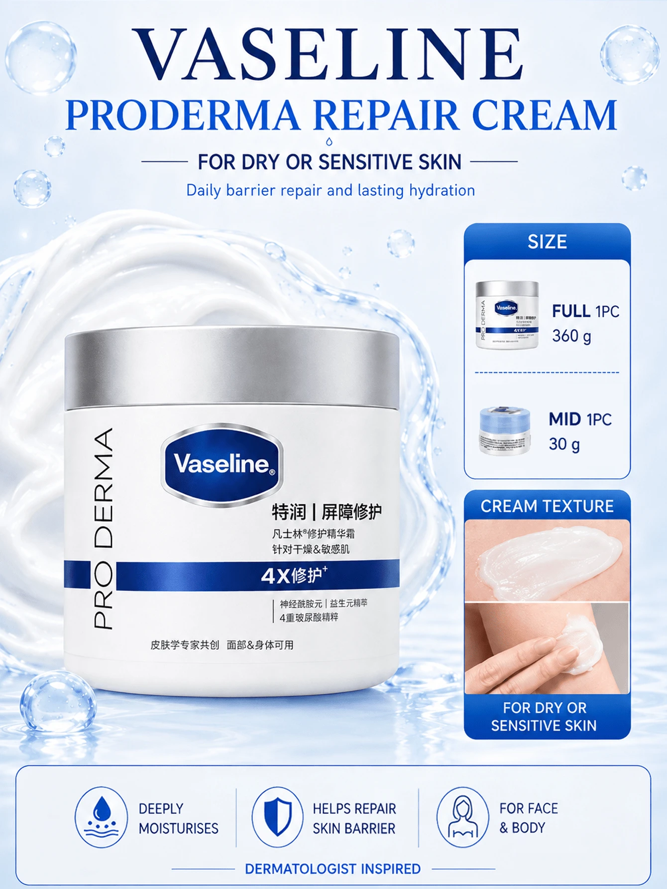 Vaseline 凡士林密集修復精華霜，大容量 360g/試用裝 30g，深層保濕與屏障修復，滋養舒緩保濕，不油膩，適合乾性或敏感肌膚