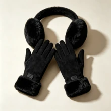 3-Piece Warm Winter Set, Touchscreen Gloves With Plush Earmuffs, Faux Fur Cuffs, Windproof And Cold-Resistant, Outdoor Commuting Accessories, Christmas And Halloween Gift - Multicolor - View 6