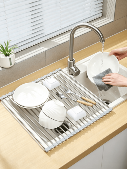 3pcs Roll‑Up Sink Drain Rack‑Equipped With Metal Rods And Silicone Pads, Strong Load‑Bearing Capacity, Space‑Saving, Fast Water Draining, Can Be Used As Heat‑Resistant Mat, Sink Drain Rack, Suitable For Draining And Storage Above Kitchen Sink