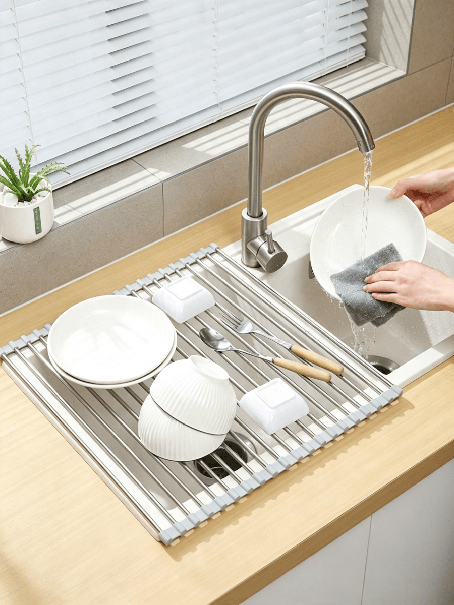 3pcs Roll‑Up Sink Drain Rack‑Equipped With Metal Rods And Silicone Pads, Strong Load‑Bearing Capacity, Space‑Saving, Fast Water Draining, Can Be Used As Heat‑Resistant Mat, Sink Drain Rack, Suitable For Draining And Storage Above Kitchen Sink