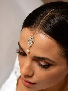 1 Peça Corrente de Cabelo de Noiva Elegante e Fashion com Pérolas, Estilo Exótico, Acessório de Vestido de Casamento, Tiara Brilhante com Strass, Pingente para Testa - Multicolorido - Visão 6