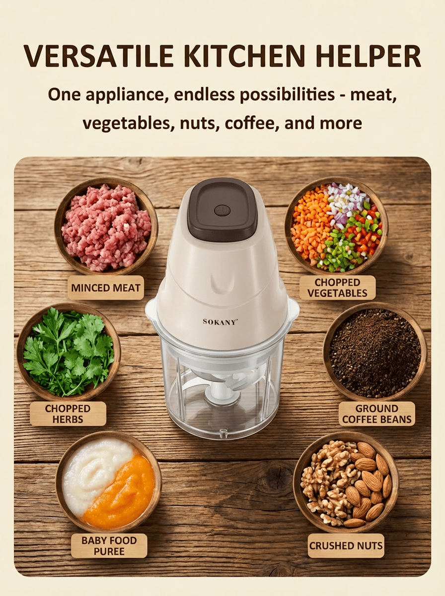 SOKANY 06009 Molinillo de carne, Licuadora de cocina de 0.7L, Procesador de alimentos, Molinillo de carne, Picadora de alimentos, Cuchillas de acero inoxidable, Adecuado para moler carne y verduras, Comidas caseras y Alimento para mascotas