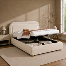 Bed Frame Made Of Boucle Beige 207 X 157 X 97 Cm For Bedroom - 米色 - 查看 2