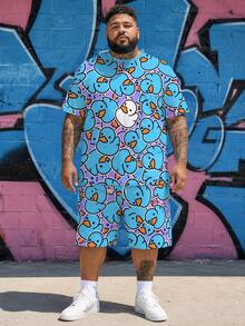 Plus Size Yellow Duck Pattern Vacation Style Men's T-Shirt Set | Loose Fit Vacation Style Short Sleeve | Quick-Dry Stretchy Polyester Oversize Set | High Street Rebellious Hip-Hop Outfit - Royal Blue - View 1