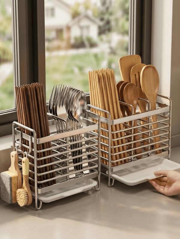 Stainless Steel Chopstick Holder, Wall-Mounted Kitchen Utensil Storage Rack, Rust-Proof Space-Saving Storage Box, Countertop And Wall Installation, Suitable For Home And Commercial Kitchens