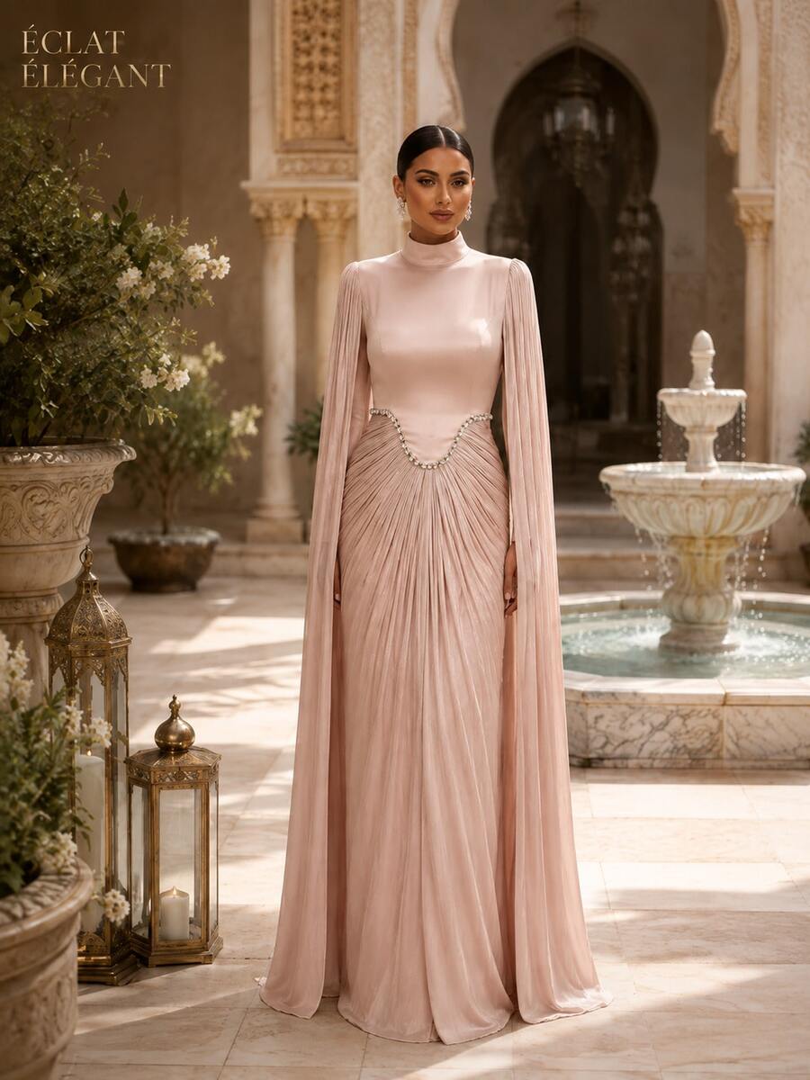 Women's Blush Pink High Neck Rhinestone-Trim Ruched Pleated Cape Sleeve Maxi Evening Gown, Elegant Modest Formal Dress For Wedding Guest - Dusty Pink - View 1
