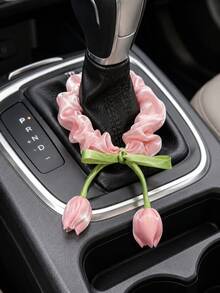 1pc Pink & White Tulip Car Gear Shift Decor, Women's Car Interior Decoration Accessory - A - View 3