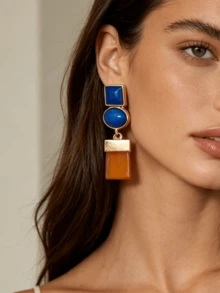 ZAA Geometric Color Block Resin Dangle Earrings, Mid-Century Retro Multi Stone Statement Drop Earrings For Fall Daily Party - Gold - View 6