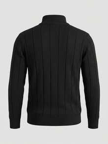 Sweater Lengan Panjang Polo Berkerah Klasik Pria dengan Resleting dan Detail Ribbed, Atasan Rajut Penting untuk Lemari Pakaian Musim Gugur/Dingin - Hitam - View 3