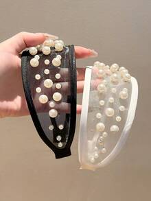 Korean Style Wide Mesh Headband With Pearl & Rhinestone Embellishments, Heavy Craftsmanship, Fashionable Elegant Versatile Hair Accessory For Women - Multicolor - View 4