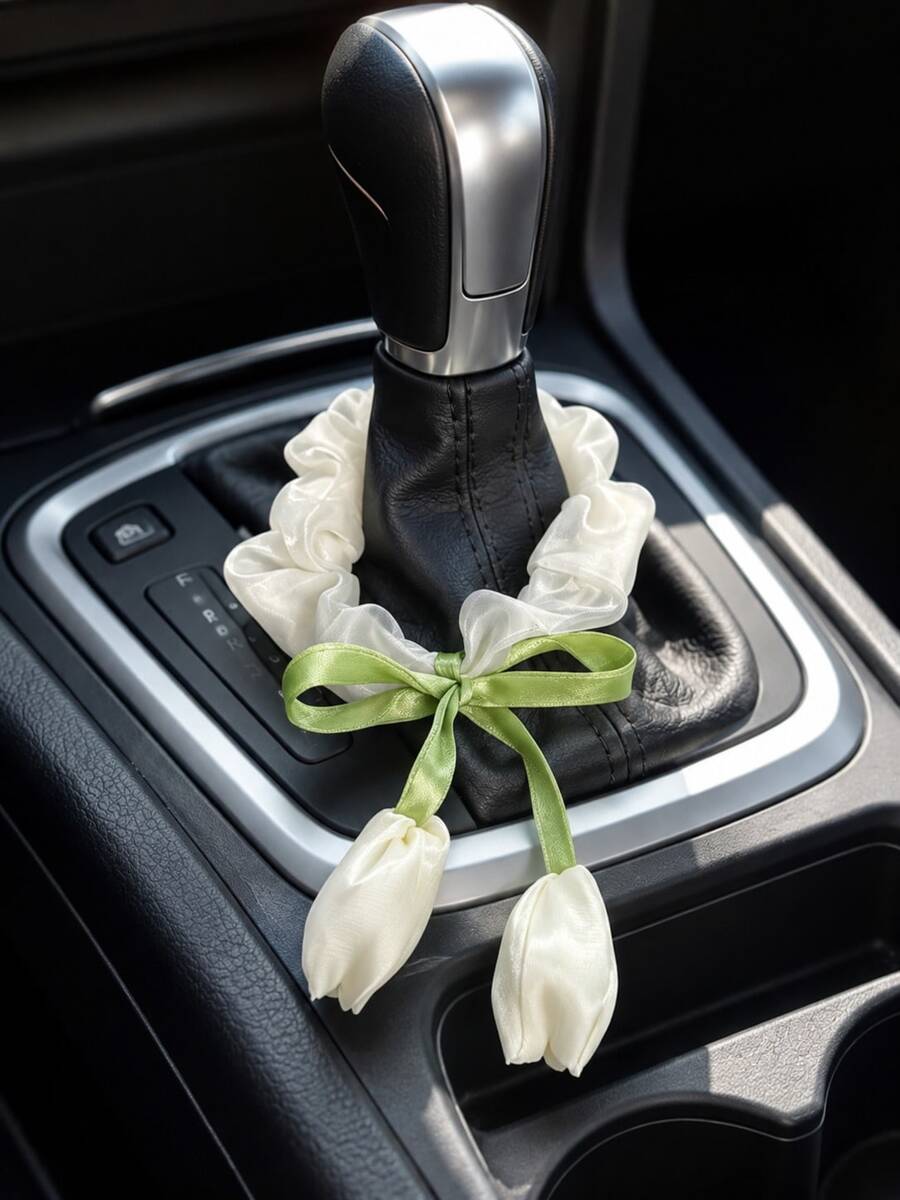 1pc Pink & White Tulip Car Gear Shift Decor, Women's Car Interior Decoration Accessory - A - View 1