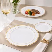 50/25/10Pcs 10.25" & 7.5" White Gold Double Rim Round Plates, Dinner Plates & Food Serving Trays, Unbreakable Lightweight Tableware Set For Catering Events Parties, Adults Kids Family, Gold Trim Dinnerware For Labor Day Autumn Celebrations - White - View 12