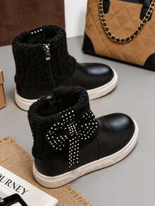 1 Pair Children's Gentle Style Patchwork Ankle Boots With 3D Bow And Shiny Decor, Suitable For Birthday Party, Suitable For Outing Outfit, Suitable For Autumn/Winter - Black - View 6