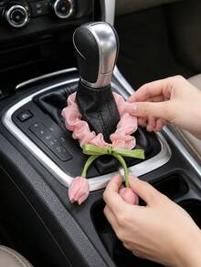 1pc Pink & White Tulip Car Gear Shift Decor, Women's Car Interior Decoration Accessory - A - View 2