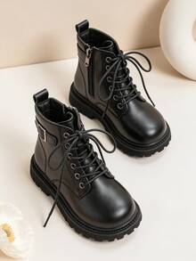 1 Pair Kids' Side Buckle Decor Boots With Lace-Up And Side Zipper Short Boots, Suitable For Campus Wear, Daily Outfits, Autumn/Winter - Black - View 6