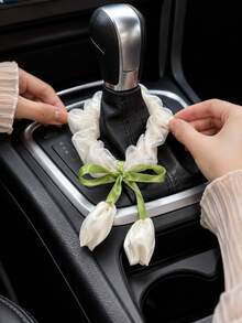 1pc Pink & White Tulip Car Gear Shift Decor, Women's Car Interior Decoration Accessory - A - View 6