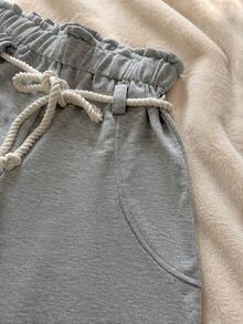 Women's Paper Bag Waist High-Waisted Casual Wide Leg Jogger Pants With Faux Pockets And Long Drawstring Design - Grey - View 9