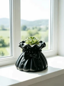 Pot Tanaman Sukulen Berbentuk Dompet dengan Pita Cetak 3D, Warna Hitam, Pot Bunga Saku dengan Tepi Bergelombang Kreatif, Vas Dekorasi Tanaman Hijau untuk Meja, Penyimpanan Meja - A - View 7