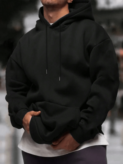 Men's Black Solid Color Sweatshirt With Drawstring Design, Kangaroo Pocket, Loose Fit, Minimalist Style, Casual Daily Commute Pullover Sweatshirt