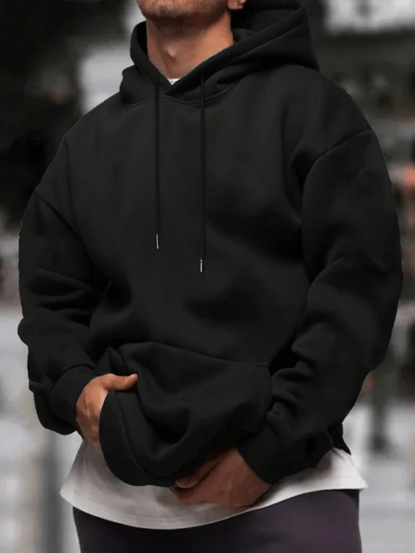 Men's Black Solid Color Sweatshirt With Drawstring Design, Kangaroo Pocket, Loose Fit, Minimalist Style, Casual Daily Commute Pullover Sweatshirt - Black - View 1