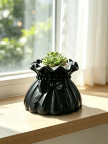 Pot Tanaman Sukulen Berbentuk Dompet dengan Pita Cetak 3D, Warna Hitam, Pot Bunga Saku dengan Tepi Bergelombang Kreatif, Vas Dekorasi Tanaman Hijau untuk Meja, Penyimpanan Meja - A - View 4