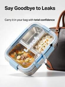 3-Compartment 304 Stainless Steel Bento Lunch Box, Leak-Proof Sealed Portable Food Storage Container For Students, Office, School, Picnic - Multicolor - View 3