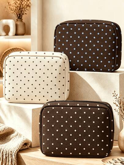 New Polka Dot & Star Pattern Makeup Bag, Maillard Color Palette Toiletry Bag, Storage Bag, Large Capacity Cosmetic Organizer, Portable Handheld Makeup Bag, Travel Toiletry Bag, Home Storage Bag, Soft Material Travel Makeup Bag, Travel Toiletry Bag, Foldable Portable Cosmetic Organizer, Multi-Functional Zipper Storage Bag, Makeup Clutch, Lightweight Toiletry Bag, Suitable As Holiday Birthday Gift, Makeup Brush Organizer, Travel Essential, Halloween Gift, Christmas Gift (Print Cut Position Random)
