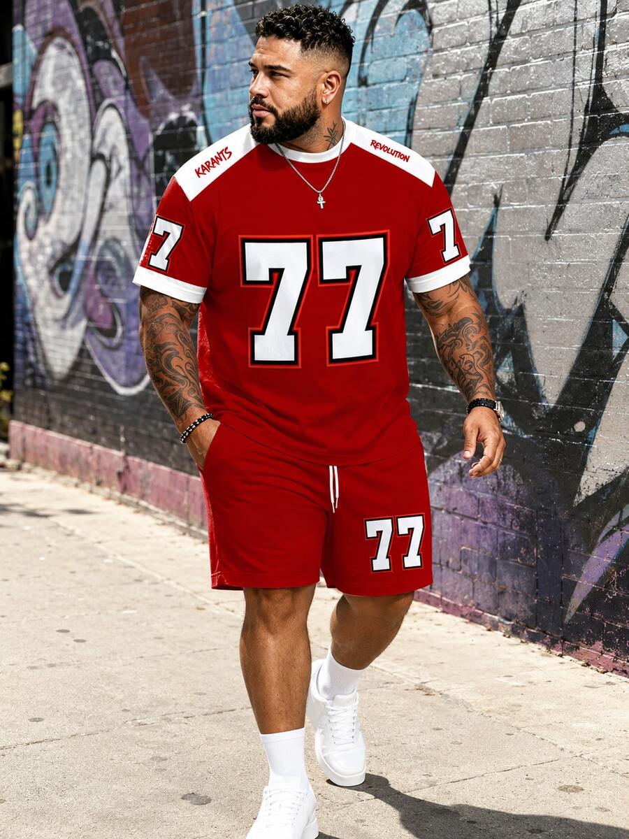 Men's Casual Street Style "Patchwork Contrast 77" Pattern Sports Set - Polyester Knit Fabric, Round Neck Design, Drawstring Shorts, Pocket Details, Regular Fit, Suitable For Plus Size - Red - View 1