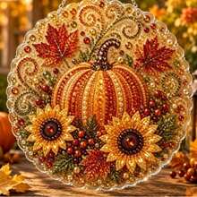Autumn Pumpkin Squirrel Fox Sunflower Gemstone Mosaic Wall Hanging Decor, Seasonal Home Window Door Hanging Decoration, Thanksgiving Gift, This Item Is A Door Hanger Suncatcher Not Diamond Painting, Not Recommended For Those Who Want Diamond Painting - A - View 7