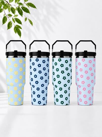 SCALON 30oz/900ML 1PC 4-Color Floral Large Capacity Straw Insulated Tumbler, With Handle And Straw, Portable Stainless Steel Vacuum Leak-Proof Drinking Cup, Ice Tumbler, Travel Mug, Stainless Steel Insulated Cold/Hot Cup, Coffee Cup, Suitable For Travel, Office, Outdoor, Gym, Home And More, Gift For Friends, Back To School, Family, Holiday Gift, Birthday Gift (Includes Straw), Ideal Christmas/Halloween Gift, All Season Use