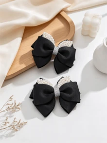 Korean Style Ear Bow Hair Clips, 2pcs/Set, Silver Glitter Fabric Pearl Decor, Side Fringe Clips For Girls And Students - Black - View 2