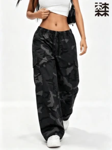 mulinsen Women's Camouflage Sports Pants, Elastic Drawstring High Waist Multi-Pocket, Outdoor Sports Daily Wear - Black - View 6